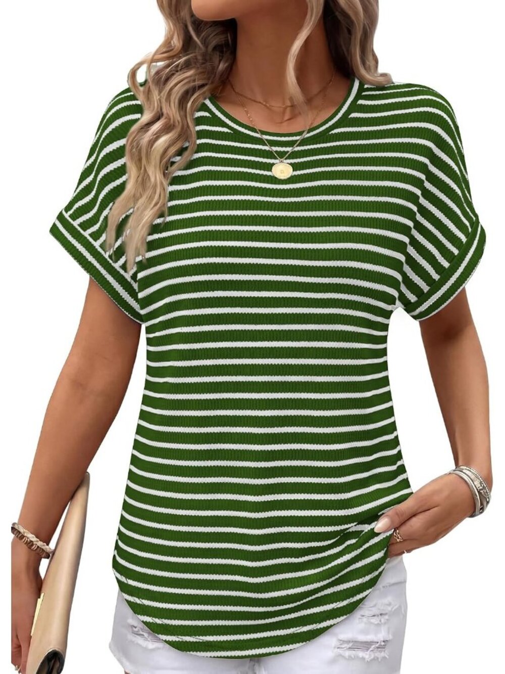 Women's Striped Green Polyester Blend Short Sleeve V Neck Pull On Henley Shirts